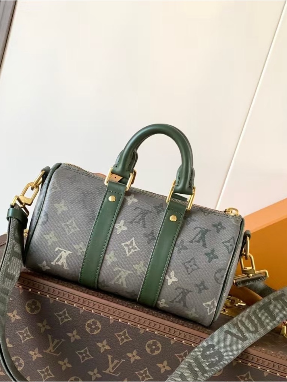Louis Vuttion Designer-Inspired Green Accent Monogram Barrel Bag